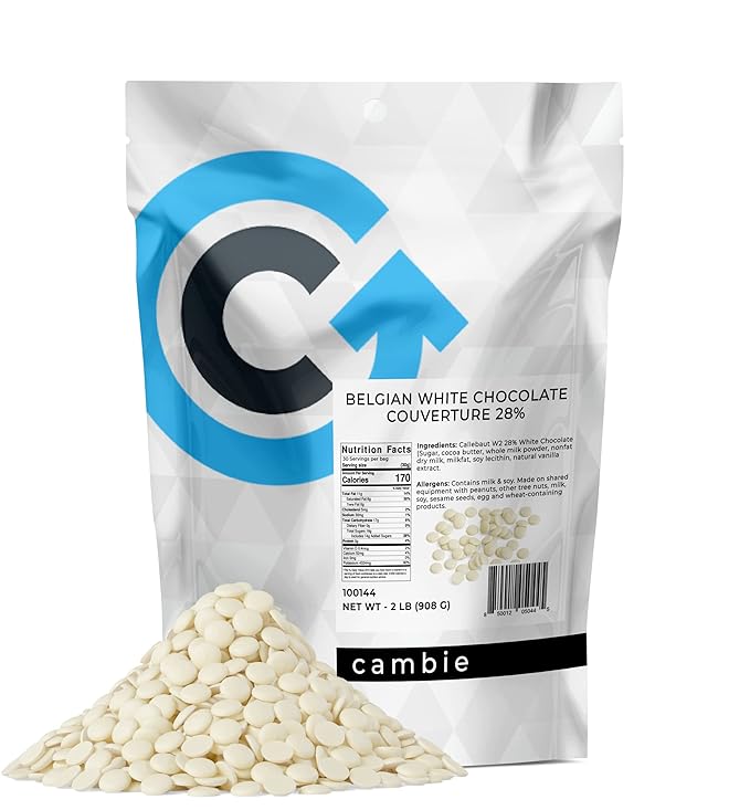 Cambie White Chocolate Couverture 28%, 2 Pounds of White Chocolate Chips, European Style Couverture for Chocolatiers, Pastry Chefs, Home Bakers, and Professionals, 2 Pounds