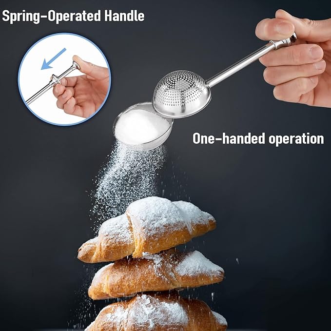 PIQUEBAR Flour Sifter - Fine Mesh Sifter Stainless Steel with Wire Loop for Baking,Flour Shaker Duster,Powdered Sugar Duster,Dough Cutter 4 in 1 Set (3 Cup)