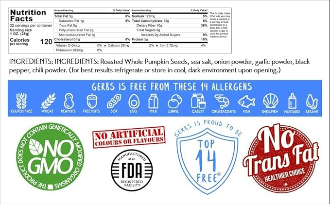 Gerbs Toasted Onion & Garlic Whole Pumpkin Seeds 2 lbs. | Small Batch Roasted, In-Shell, Resealable Bag | Bold & Savory Crunch | Top 14 Allergen-Free