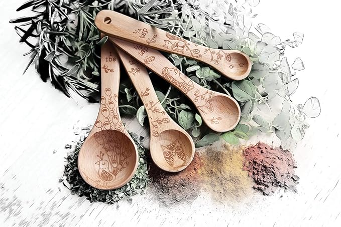 Talisman Designs Laser Etched Beechwood | Set of 4 | Woodland Design | Natural, Wooden Measuring Spoons Set| Cute & Functional Kitchen Tools