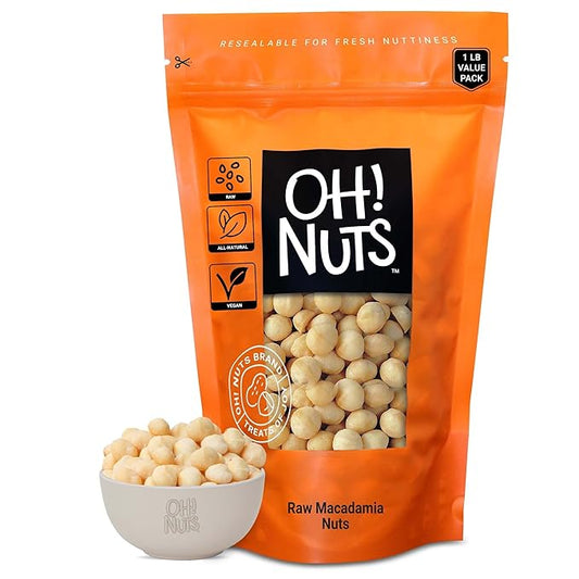 Oh! Nuts Raw Macadamia Nuts - Macadamia Nuts Unsalted - Jumbo Macadamia - 1 lb - 100% Natural Snack
