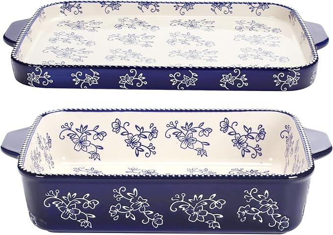 Temp-tations by Tara Baking Pans Set - 9x13" Set of 2 Blue Floral Lace Bakeware Sets with Casserole Dish for Oven and Serving Dish for Lasagna, Pies, Meatloaf, Hand-Painted Ceramic Casserole Oven Pan