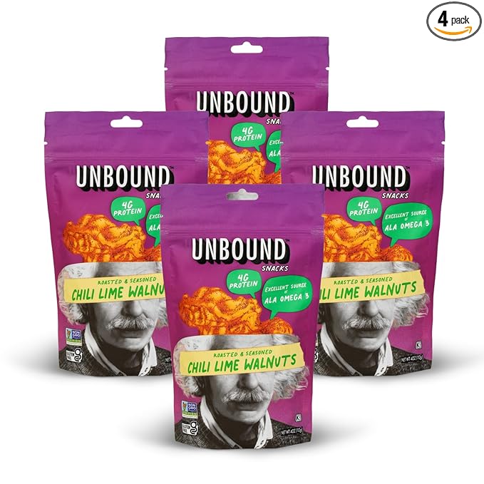 Unbound Snacks Flavored Nuts - Chili Lime Walnuts, 4 oz (Pack of 4) - Healthy Snacks, 4g Protein, 1g Sugar, High in Omega 3, Gluten Free, Vegan - Freshly Roasted & Seasoned Gourmet Walnut Halves