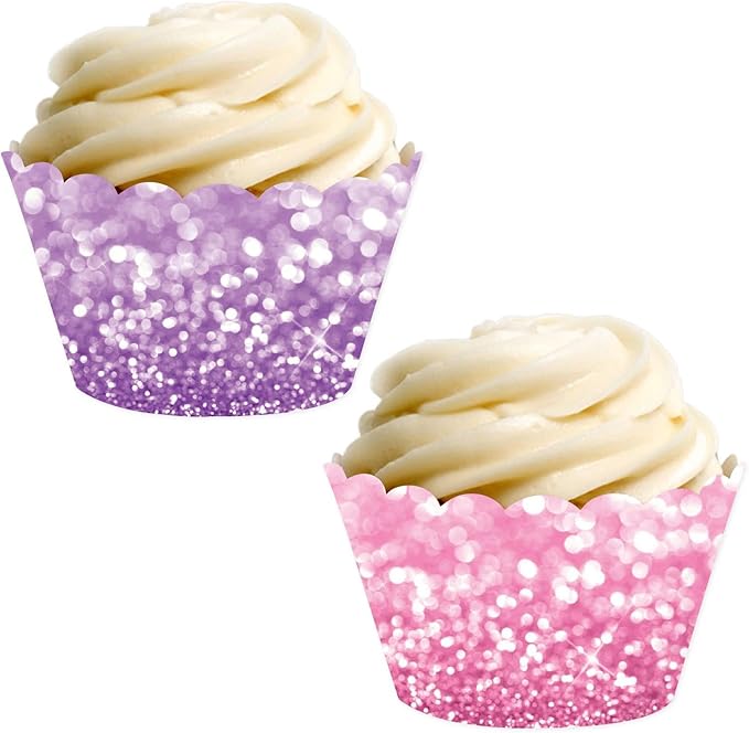 Andaz Press Party Cupcake Wrapper Decorations, Faux Pink And Lavender Purple Glitter, 24-Pack, Magical Unicorn Princess Girls Birthday Theme Colored Bulk Cake Supplies Purple Cupcake Wrappers