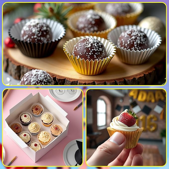 AUGSUN 400pcs Graduation Mini Foil Cupcake Liners Golden Silver Black Cupcake Baking Cups Metallic Mini Muffin Cupcake Wrappers for Graduation New Year Party Cake Candy Chocolate Decorations Supplies