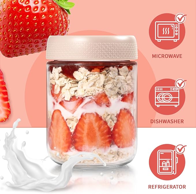 6 Pack Overnight Oats Containers with Lids, Wide Mouth Mason Jars 16oz, Glass Food Storage Containers with Airtight Lids, Overnight Oats Jars for Yogurt, Salad, Cereal, Snacks, Chia Pudding