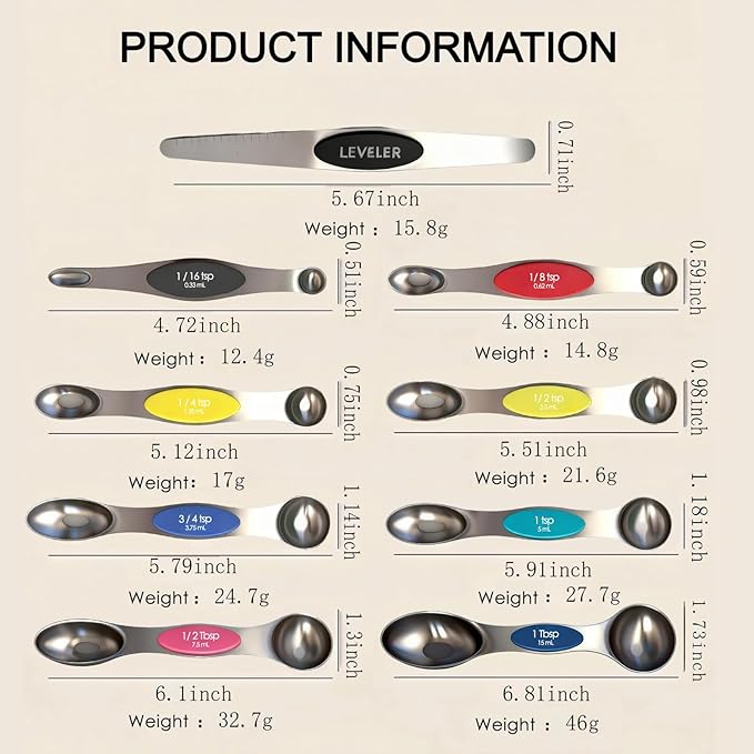 Stainless Steel Magnetic Measuring Spoons Set,Dual Sided Stackable Nesting Teaspoons Tablespoons for Measuring Liquids and Dry Ingredients,Set of 9 with Leveler, Strong Magnet,Multicolor