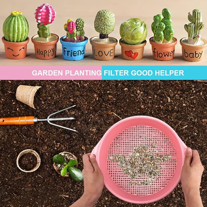 2Pcs Round Garden Soil Sieve with Handle - Plastic Mesh Soil Sifter Set for Small Gravel, Sand
