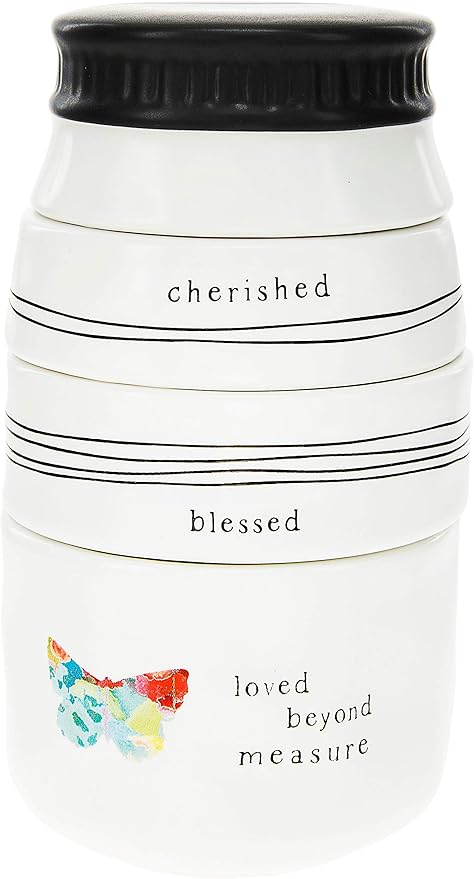 Pavilion Gift Company Cherished Blessed Loved Beyond Measure - 4 Piece Stoneware Stackable Measuring Cup Set (87525), White, 6"