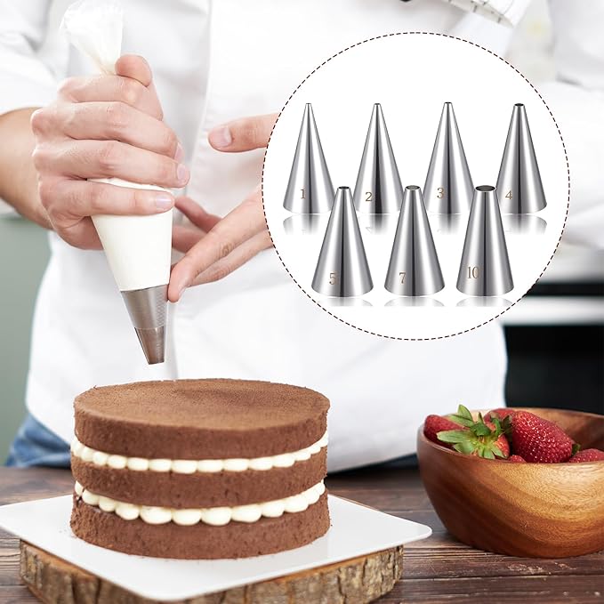 Bewudy 7 Pcs Round Hole Piping Tips Set, Stainless Steel Cupcake Frosting Nozzles Tool Professional Cake Decorating Tool for Baking Cookies Puff Doughnut Cream Bag Filler