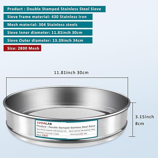 304 Stainless Steel Lab Sieve Screen Mesh, 2800 Mesh(0.003mm) Aperture Test Sieve, 12Inch(30cm) Diameter Economy Standard Analysis Sample Test Sieves for Industrial Laboratory Homes