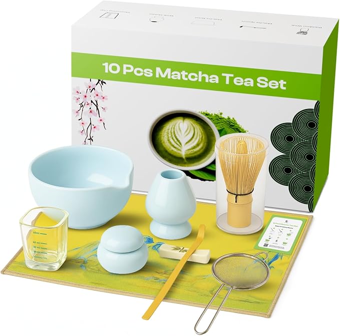 10 Pcs Matcha Kit Set, Ceramic Matcha Set Includes 17oz Matcha Bowl, Bamboo Whisk and Scoop, Whisk Holder, Sifter, Scoop holder, Measuring Cup, Powder Caddy, Tea Towel and Instruction Manual (Blue)