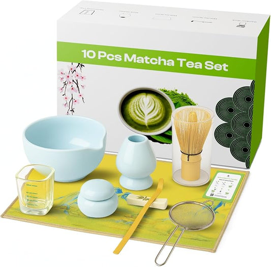 10 Pcs Matcha Kit Set, Ceramic Matcha Set Includes 17oz Matcha Bowl, Bamboo Whisk and Scoop, Whisk Holder, Sifter, Scoop holder, Measuring Cup, Powder Caddy, Tea Towel and Instruction Manual (Blue)