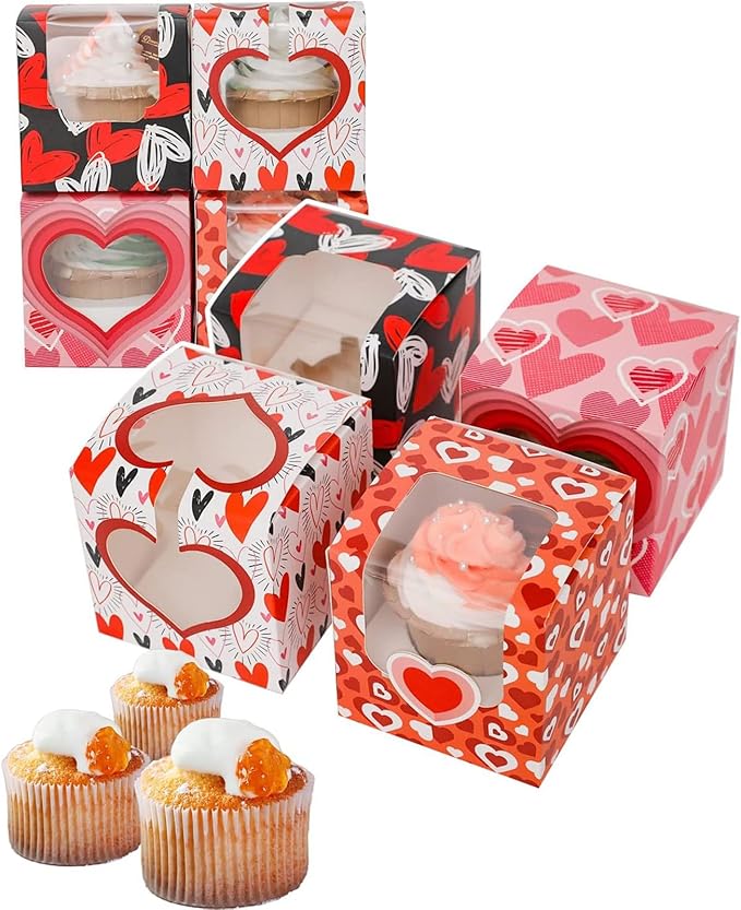 qiqee Valentine Cupcake Boxes Individual 60pcs Auto-Popup 3.5" x 3.5" x 3.5" Single Cupcake Carrier Container for Vanlentine ＆ Party