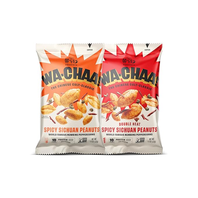 WA-CHAA! Spicy Sichuan Peanuts, Numbing Mala Peppercorns, Toasted Chili Flakes, Protein-Packed, Party Snacks, Non-GMO, On-The-Go Travel Size 1.5 Oz (12 Pack, Variety (6 Original, 6 Double Heat))