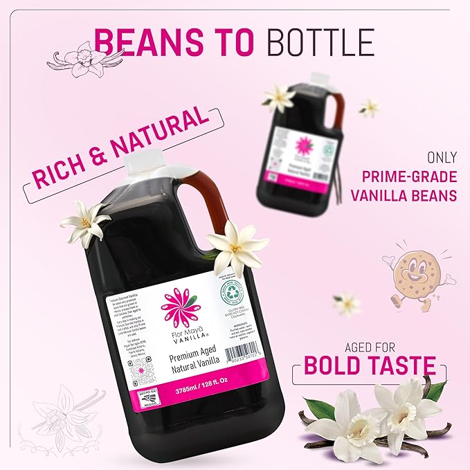 Flor Maya Premium Aged Natural Vanilla Extract - Pure Vanilla Extract from Prime Vanilla Beans - Handcrafted - Gourmet Baking & Cooking Vanilla - Gluten-Free, Non-GMO, No Coumarin, 128 Fl Oz (3785 ml)