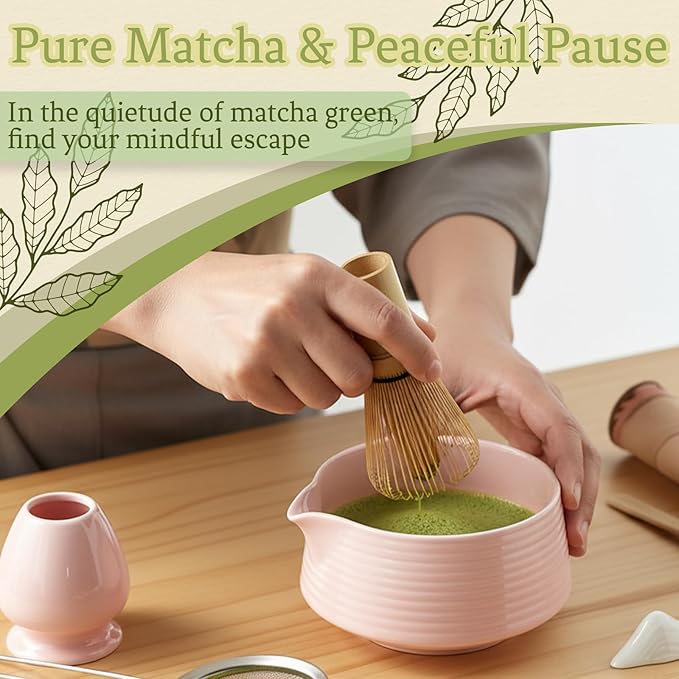 8 Pcs Matcha Whisk Set Chasen Matcha Whisk Bamboo Bowl with Spout Sifter Spoon Scoop Whisk Holder Bamboo Mat Complete Matcha Making Kit (Pink)