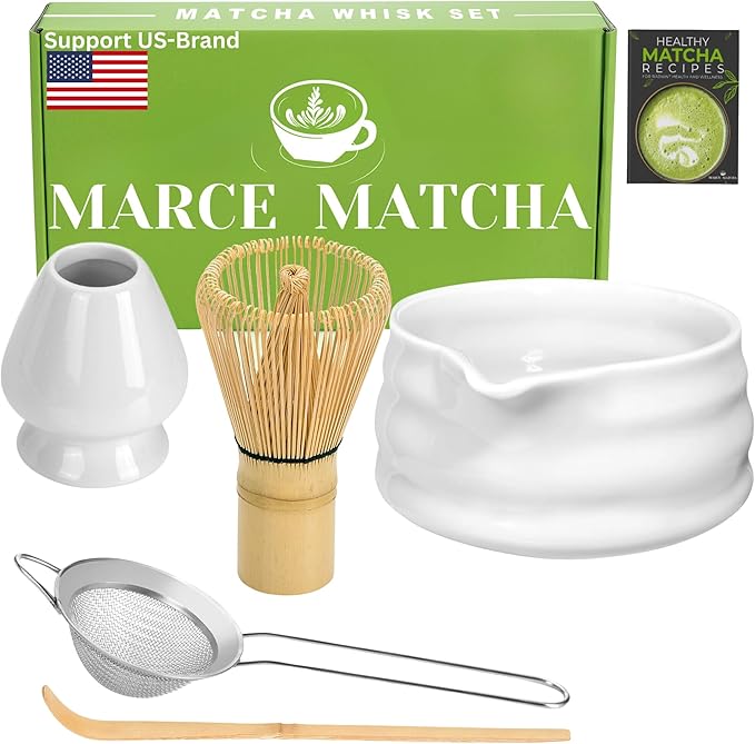 Matcha Whisk Set- Matcha Set includes Matcha Whisk and Bowl with Spout, Sifter, Holder and Scoop- The Perfect Bamboo Whisk for Matcha Tea (White)