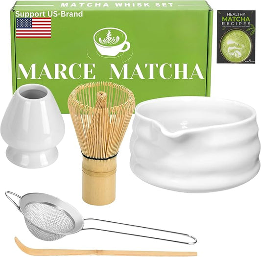 Matcha Whisk Set- Matcha Set includes Matcha Whisk and Bowl with Spout, Sifter, Holder and Scoop- The Perfect Bamboo Whisk for Matcha Tea (White)