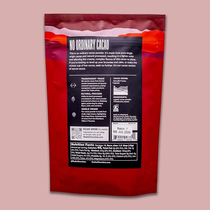 Raaka Chocolate Organic Cacao Powder - Unsweetened, Non-Alkalized, Perfect for Baking, Substitute for Cocoa Powder - Gluten-Free, Soy-Free, Sugar-Free, Allergen-Friendly - 8oz Resealable Bag