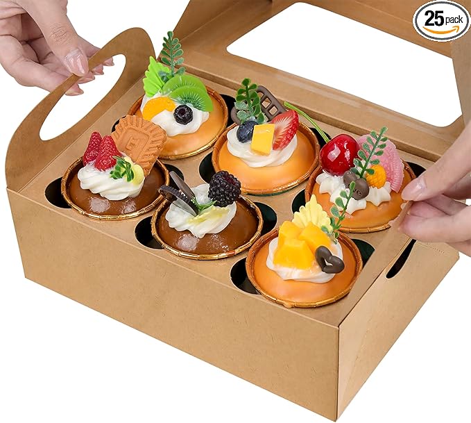 25 Cupcake Boxes, Kraft Cupcake Boxes 6 Count with Window and Inserts, Cupcake Holders for Cupcakes, Muffins, Cookies, Pastries