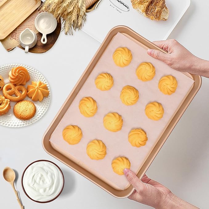 2 Pack 14 X 10 Inches Quality Baking Sheet Pan, Slick Carbon Steel Baking Sheet Set, Warp Resistant Nonstick Cookie Baker's Half Sheets for Baking, Roasting, Gold