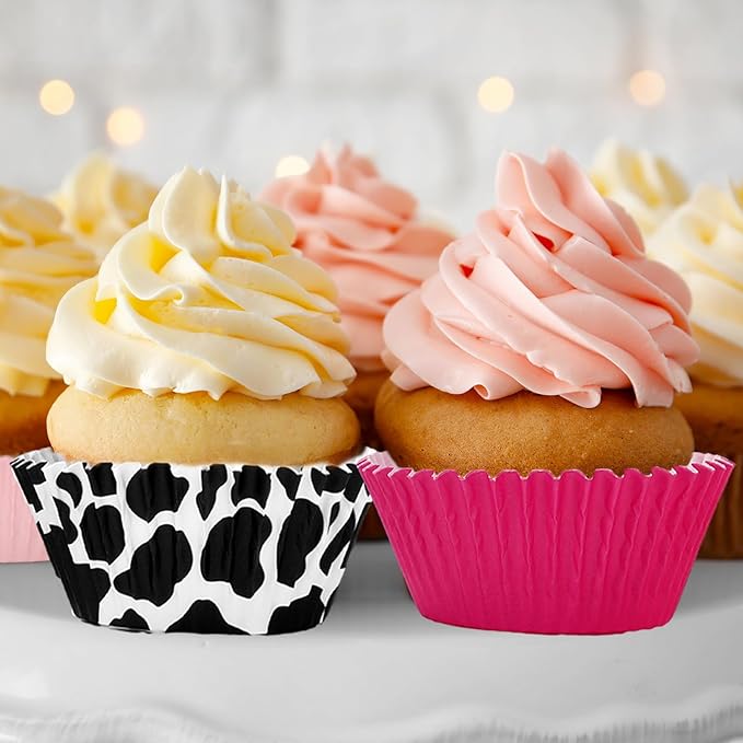 600Pcs Western Cowgirl Cupcake Liner Disco Ball Cow Print Pink Paper Baking Cup 4 Designs Muffin Liner Cake Storage Container for 80s 90s Party DIY Crafts Supplies