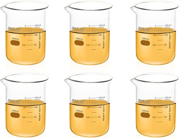 ULAB Scientific Glass Beaker Set, Vol. 200ml, 3.3 Borosilicate Griffin Low Form with Printed Graduation, Pack of 6, UBG1022