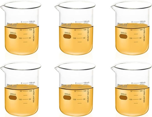 ULAB Scientific Glass Beaker Set, Vol. 200ml, 3.3 Borosilicate Griffin Low Form with Printed Graduation, Pack of 6, UBG1022