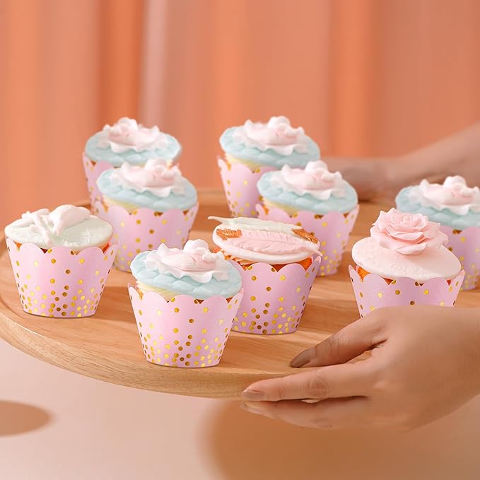 Zhehao 60 Pcs Gold Polka Dots Cupcake Wrappers Adjustable Graduation Cupcake Liners Paper Baking Cups Disposable Muffin Liners Holders for Birthday Baby Shower Wedding Party Supplies(Light Pink)