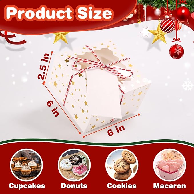 BEVOING 36 Pcs 6x6x3 Inches Christmas Cookie Boxes, White Bakery Boxes with Window Gold Foil Star 6 Inch Mini Cake boxes Small Treat Boxes for Cookies Pastry Dessert Cupcakes Candy Donut Packaging