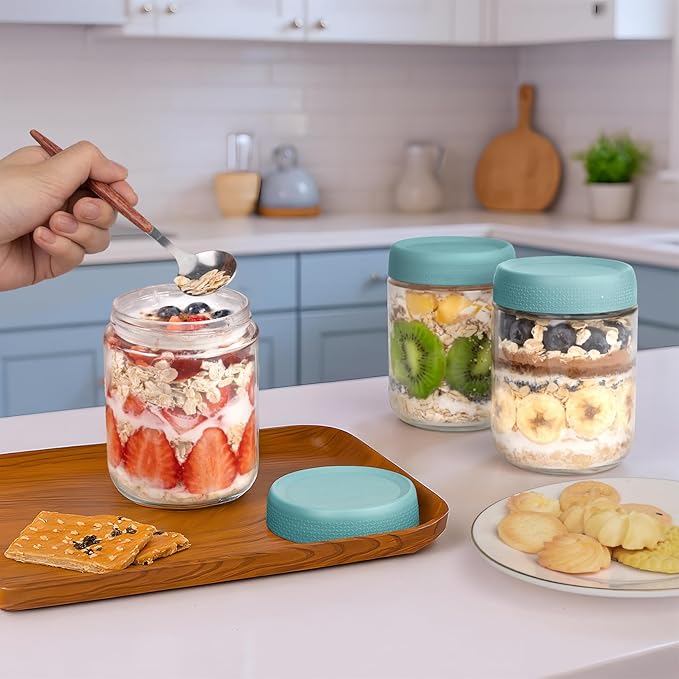 Overnight Oats Containers with Lids, Glass Storage Containers with Lids, Wide Mouth Mason Jars 16oz, Airtight Glass jars for Spice, Chia Pudding, Yogurt, Cereal, Salad Storage (6 Pack, Green)
