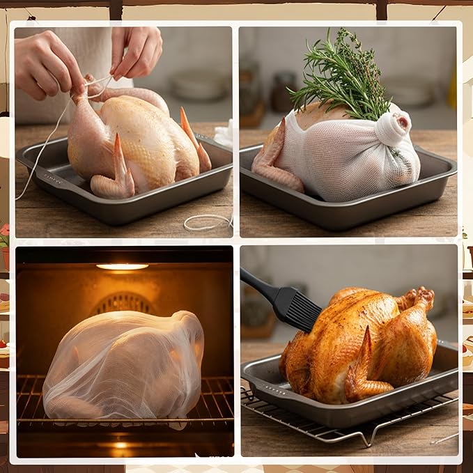 Boao 5pcs Thanksgiving Stainless Steel Turkey Baster with Basting Needles, Reusable Cheesecloth, Pastry String and Silicone BBQ Brush, Kitchen Tool Set for Christmas Cooking Baking Grilling Marinating
