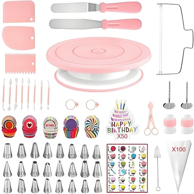 298 Pcs Cake Decorating Kit with Cake Turntable,Cake Leveler,24 Numbered Icing Tips,2 Spatulas,3 Comb Scrapers,8 Carved Pens,100 Pastry Bags,100 Paper Cupcake Liners, (Pink)