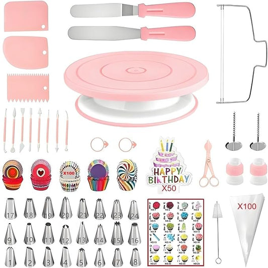 298 Pcs Cake Decorating Kit with Cake Turntable,Cake Leveler,24 Numbered Icing Tips,2 Spatulas,3 Comb Scrapers,8 Carved Pens,100 Pastry Bags,100 Paper Cupcake Liners, (Pink)