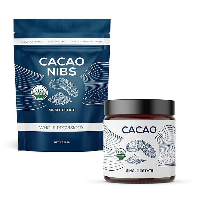 One Farm by WAAYB Organic Cacao Nibs & Powder Bundle – Single Estate, Non-GMO, Fair-Trade, Vegan, Gluten Free, 100% Raw Rizek Cacao in Resealable Bags for Smoothies, Baking & More