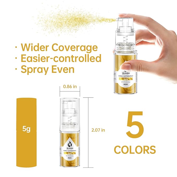 Edible Glitter Spray Set - 5 Colors Iridescent Gold, Silver, White & Rose Gold Food Grade Shimmer Powder, Metallic Edible Spray Glitter for Cakes, Cookies, Chocolate & Strawberries, 5g/Bottle