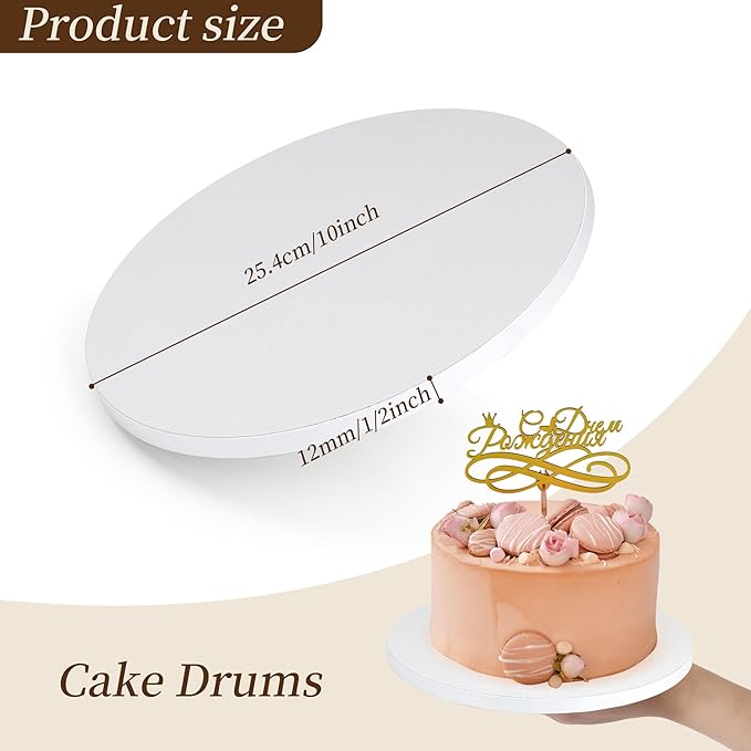 Cake Drums 10 Inch Round Cake Boards, 1/2" Thick Food-Grade Corrugated Cardboard Base, Sturdy Cake Drum Tray Smooth Edges for Cakes, Desserts and Birthday Party Pastries Display, 10 Pcs White