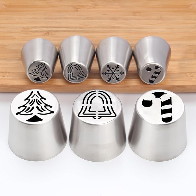25 Pieces Stainless Steel Extra Large Christmas Piping Tips Set,13 Christmas Frosting Icing Tips with 10 Disposable Pastry Bags,1 Small Russian Tip,1 Cleaning Brush for Cake Decorations