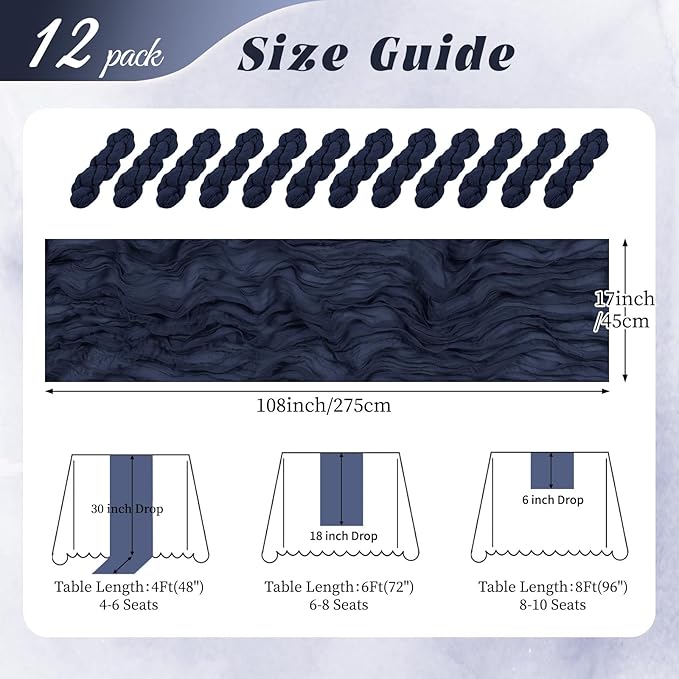 12 Pack Navy Blue Cheesecloth Table Runner 17x108 Inch Semi Sheer Boho Gauze Cheese Cloth Fabric Table Runners, for Wedding Party Baby Shower Birthday Home Decor Garden Farmhouse