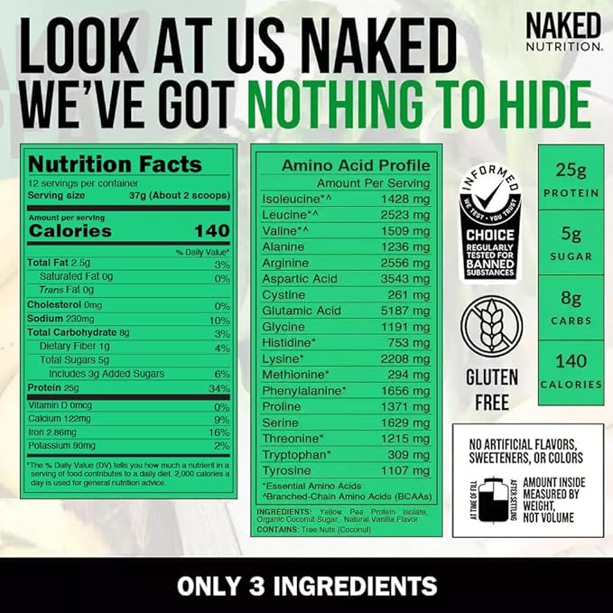 NAKED Vanilla Pea Protein Isolate from North American Farms, Only 3 Ingredients, Vanilla Vegan Protein, Gluten-Free, Soy Free, GMO Free - 1LB