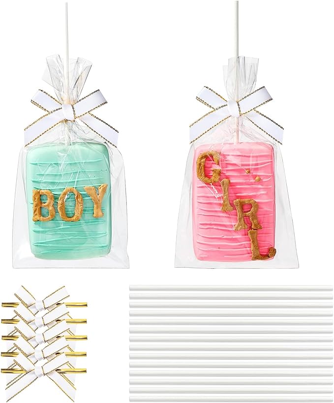 RomanticBaking 50 Sets Clear Rice Krispie Treat Bags with White Ribbon Bow and Stick & Flat Cellophane Clear Bags for Rice Krispie Treats Gift Giving Bag(White)