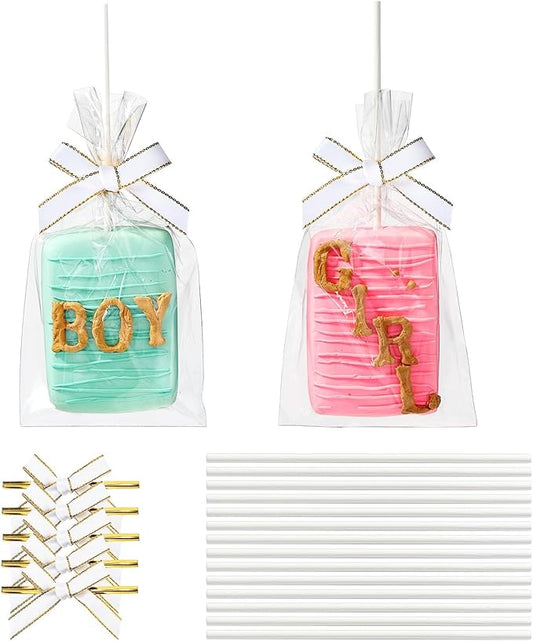 RomanticBaking 50 Sets Clear Rice Krispie Treat Bags with White Ribbon Bow and Stick & Flat Cellophane Clear Bags for Rice Krispie Treats Gift Giving Bag(White)