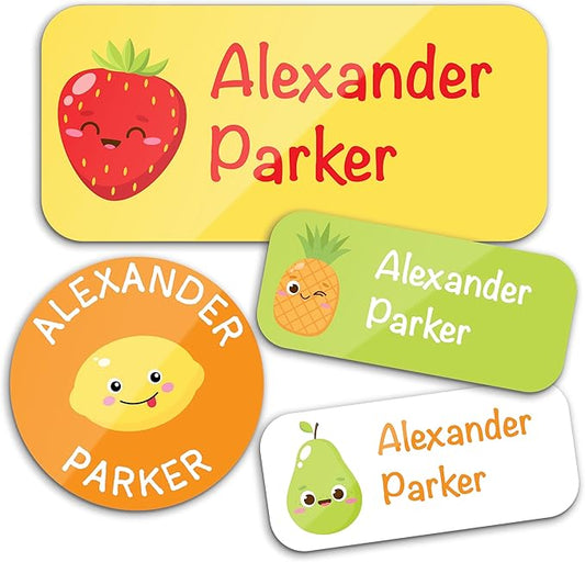 Personalized Waterproof Name Labels for Kids | Optional Packs 50, 150, 230 Labels | Custom Name Stickers for Kids' Clothing Tag, Water Bottle, Lunch Box, Customize Kid Name Label for Daycare Fruits