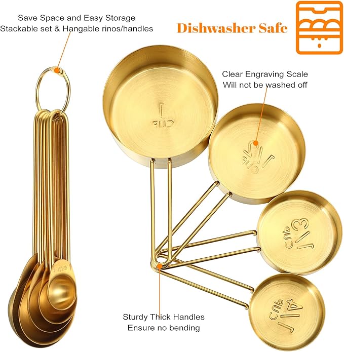 9 Pcs Golden Stainless Steel Measuring Cups and Spoons Set, Stackable & Long Handle, Premium Metal Measuring Cups and Stainless Steel Measuring Spoons Set for Liquid & Dry Ingredients Baking Cooking