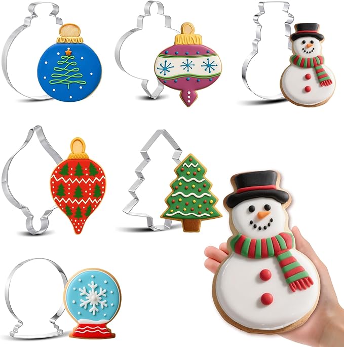 6 Pcs Christmas Large Cookie Cutters 8" Stainless Steel Metal Christmas Baking Cookie Molds for Holiday, Xmas Tree, Ornament, Teardrop Bauble, Finial, Snow Globe, Snowman