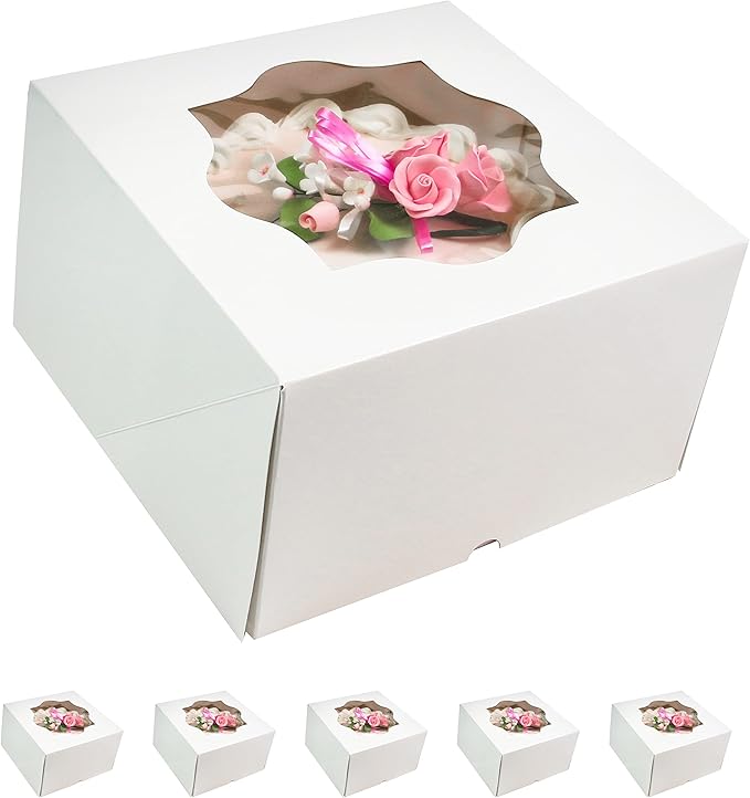 Global Sugar Art Auto-Popup Deep Square Cake Box with Window, White 8 x 8 x 5 Inches, 5 Count
