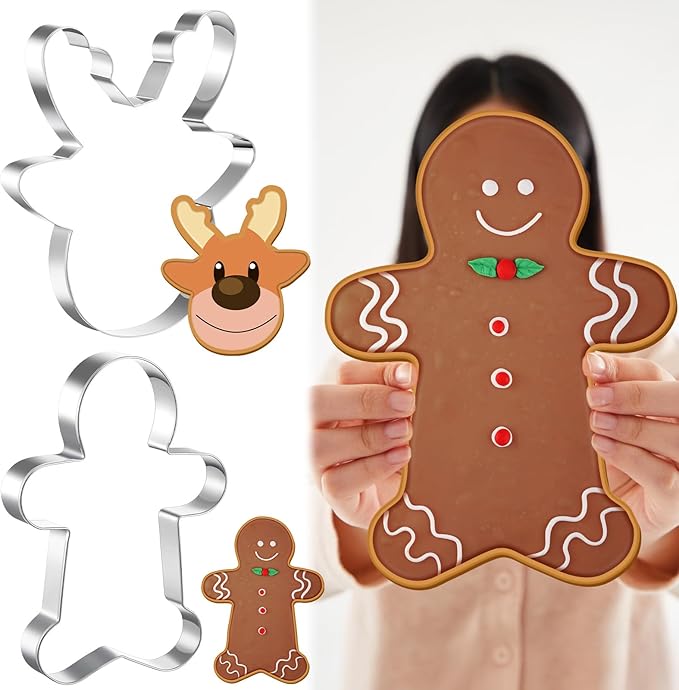 2 Pcs Large Christmas Cookie Cutters 8" Extra Large Gingerbread Man and Reindeer Face Stainless Steel Giant Cookie Cutter for Christmas Xmas Holiday Baking