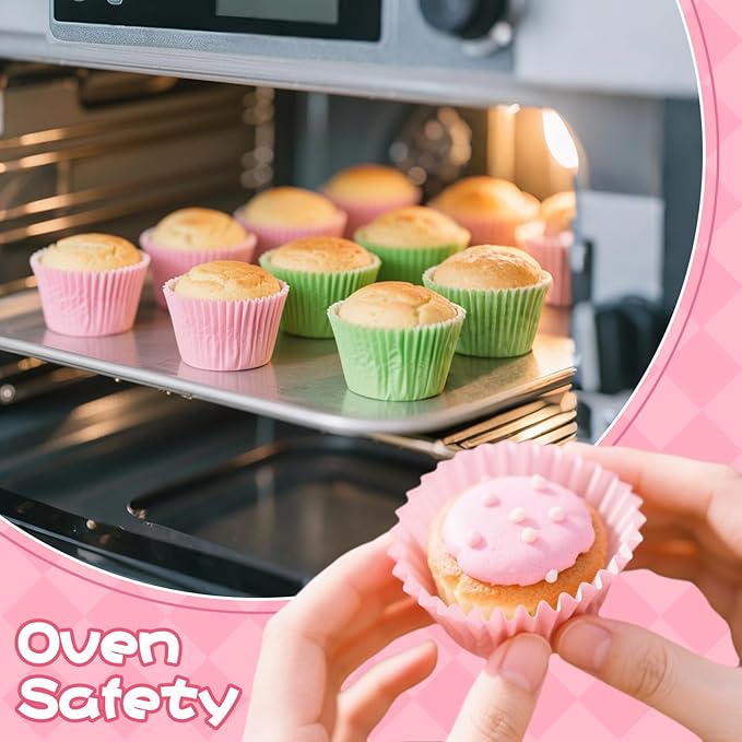 200PCS Pink and Green Cupcake Liners Muffin Baking Cups Wrappers for Pink and Green Birthday Party Supplies Disposable Pastel Cupcake Papers for Witch and Princess Theme Birthday Party Decoration
