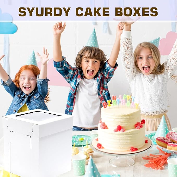 JJO Tall Cake Boxes for Tier Cakes, 6 Pack 12x12x12 Inch,White Cake Boxes with Window,Sturdy Tall Cake Carrier, Disposable Cake Containers